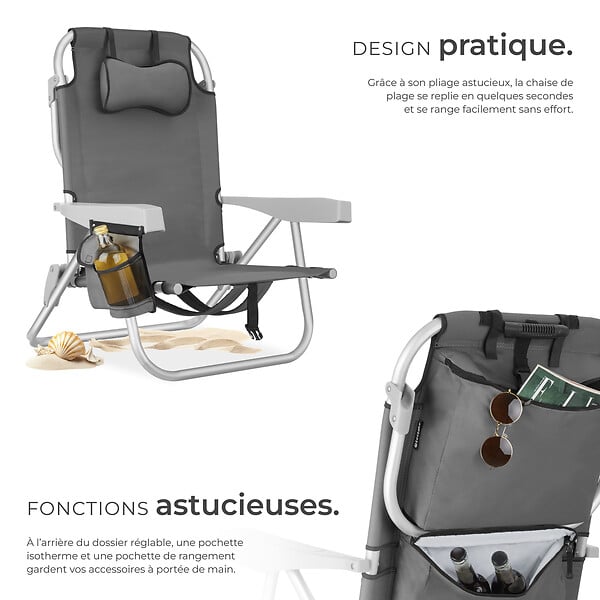 TECTAKE - Chaise de plage aluminium pliable gris avec dossier réglable et transport sac à dos - large