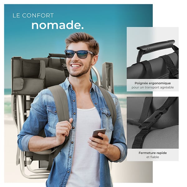 TECTAKE - Chaise de plage aluminium pliable gris avec dossier réglable et transport sac à dos - large