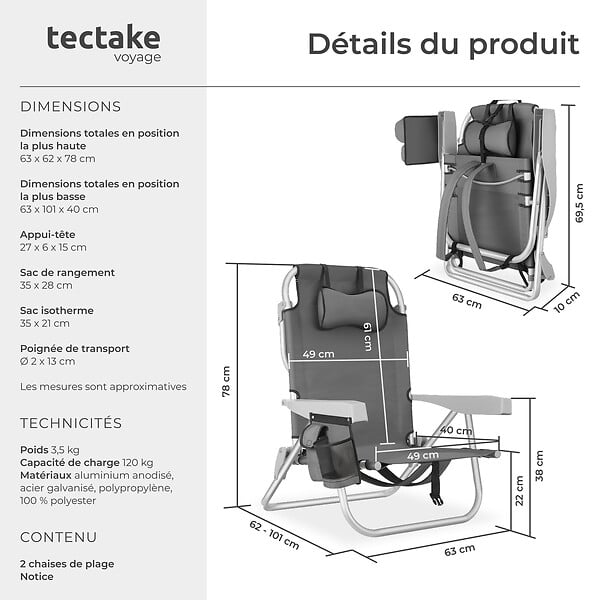 TECTAKE - Chaise de plage aluminium pliable gris avec dossier réglable et transport sac à dos - large