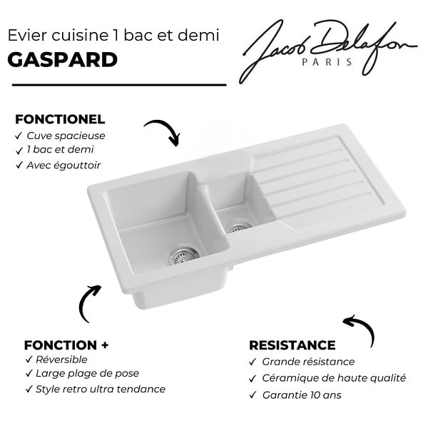 JACOB DELAFON - Evier à encastrer 1 bac et demi JACOB DELAFON Gaspard + robinet cuisine Elate - large