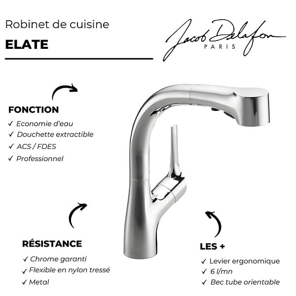 JACOB DELAFON - Robinet de cuisine avec douchette JACOB DELAFON Elate - large