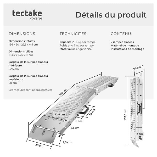 TECTAKE - Rampes d'accès Björn, Lot de 2, Pliables, Capacité de poids 400 kg argent - large