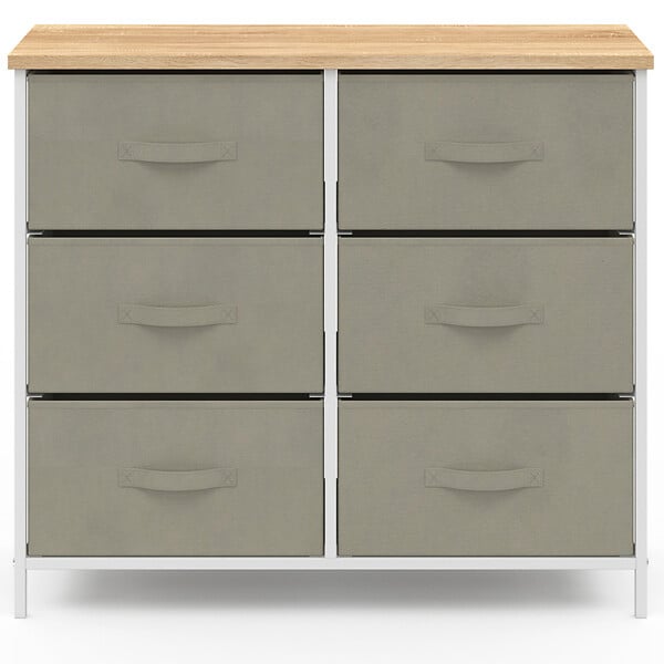 ID MARKET - Commode 6 tiroirs en tissu ALTA 80 cm gris clair et plateau effet bois design industriel - large