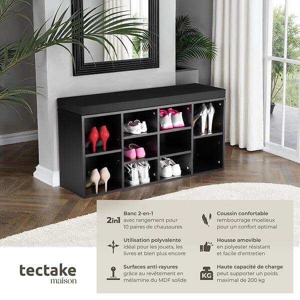 TECTAKE - Meuble à chaussures Banc de rangement avec coussin d'assise 103,5x48x30cm noir - large