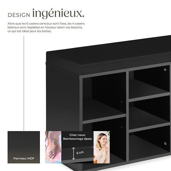 TECTAKE - Meuble à chaussures Banc de rangement avec coussin d'assise 103,5x48x30cm noir - large