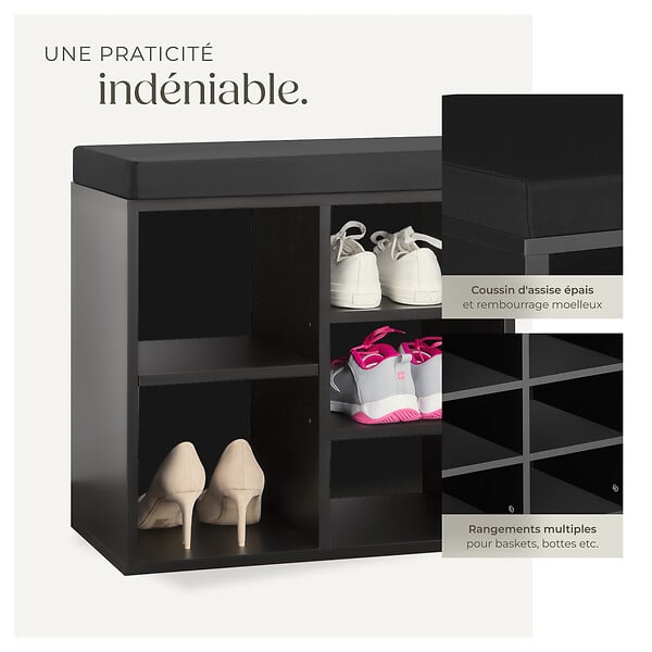 TECTAKE - Meuble à chaussures Banc de rangement avec coussin d'assise 103,5x48x30cm noir - large
