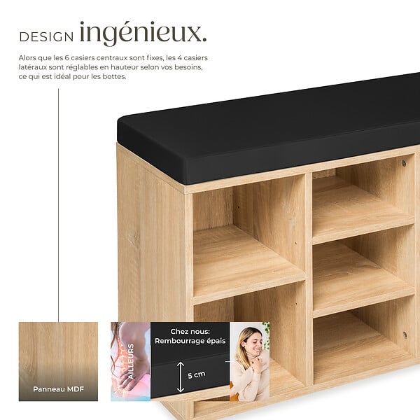 TECTAKE - Meuble à chaussures Banc de rangement avec coussin d'assise 103,5x48x30cm noir/marron chêne clair - large