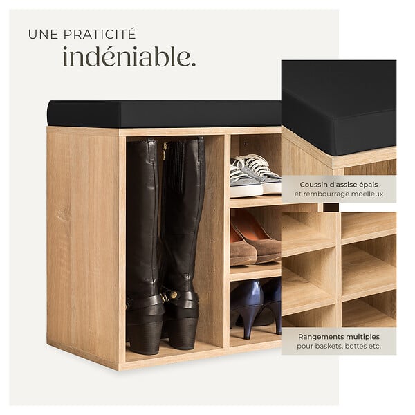 TECTAKE - Meuble à chaussures Banc de rangement avec coussin d'assise 103,5x48x30cm noir/marron chêne clair - large
