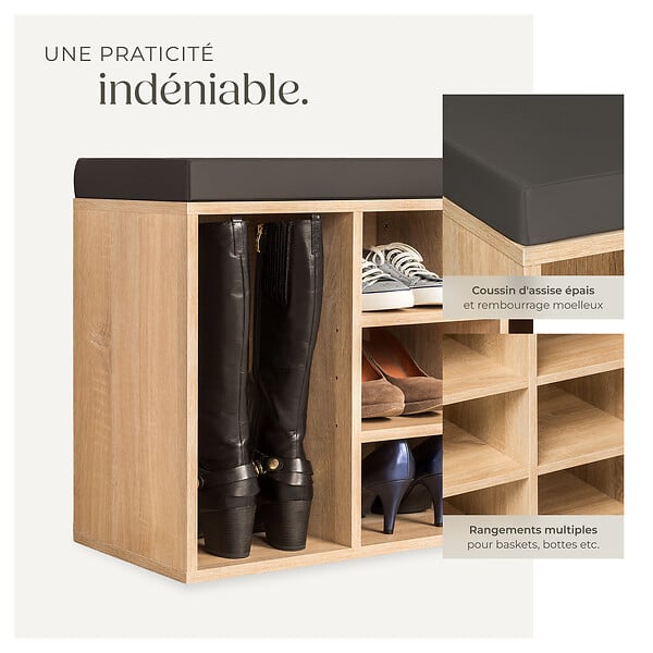 TECTAKE - Meuble à chaussures Banc de rangement avec coussin d'assise 103,5x48x30cm gris foncé/marron chêne clair - large