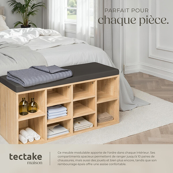 TECTAKE - Meuble à chaussures Banc de rangement avec coussin d'assise 103,5x48x30cm gris foncé/marron chêne clair - large