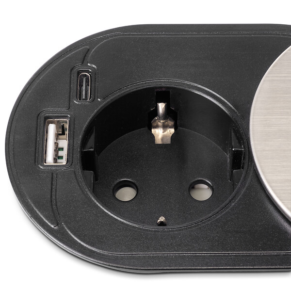 EMUCA - Multiconnecteur Vertikal Flat 60, diamètre 60mm, 1 x prise Schuko, 1 x USB Type A, 1 x USB Type C, Acier et Plastique, Acier inoxydable - large