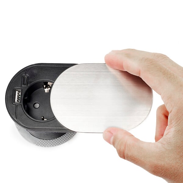 EMUCA - Multiconnecteur Vertikal Flat 60, diamètre 60mm, 1 x prise Schuko, 1 x USB Type A, 1 x USB Type C, Acier et Plastique, Acier inoxydable - large
