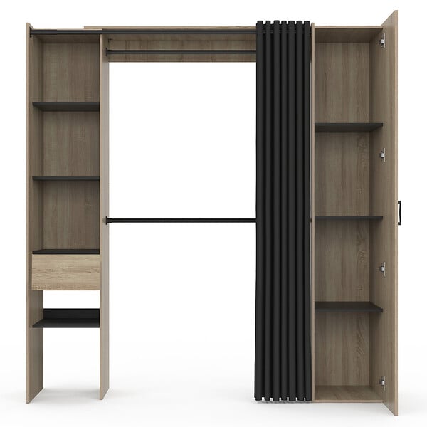 ID MARKET - Dressing extensible MERYL 145/170 x 50 x 180 cm hêtre avec étagères + double penderie + miroir + rideau noir - large