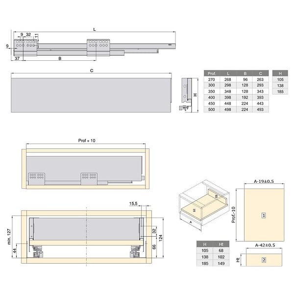 EMUCA - Kit de tiroir pour cuisine et sdb Concept - H. 105mm - P. 500mm - Fermeture amortie - Acier - Blanc - large