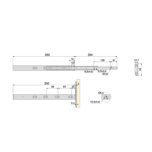EMUCA - Lot de 5 jeux de coulisses pour tiroirs, roulement à billes, hauteur 45mm, profondeur 350mm, à sortie totale, avec push, fermeture amortie, zingué - large