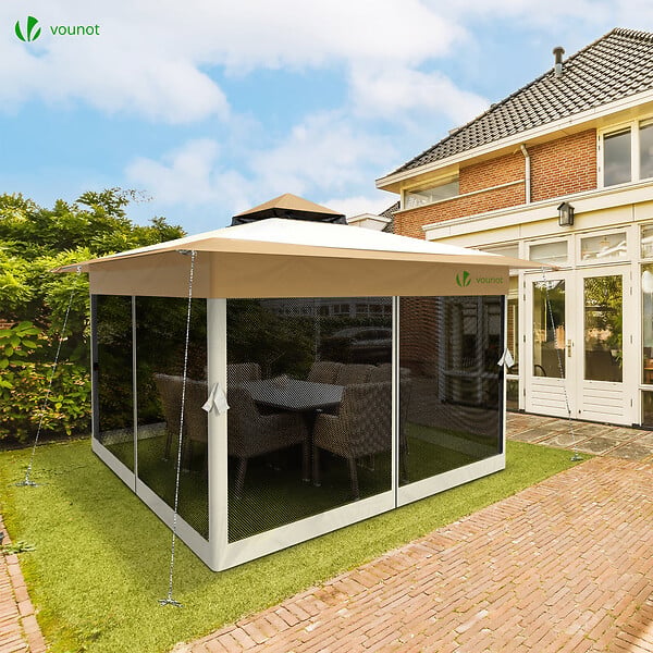 VOUNOT - Tonnelle de jardin exterieure pliable avec moustiquaire 3.6x3.6m beige - large