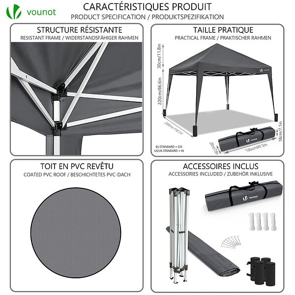 VOUNOT - Tonnelle de jardin 3x3m pliable Grise avec sac de transport - large