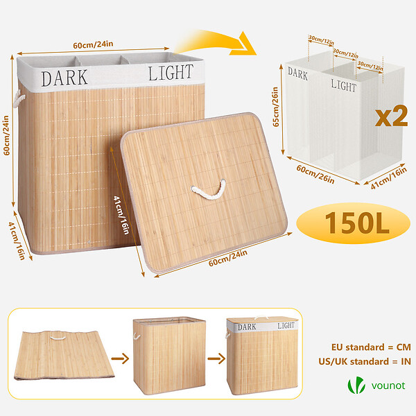 VOUNOT - Panier a linge en bambou rectangulaire triple compartiments avec couvercle 150L - large