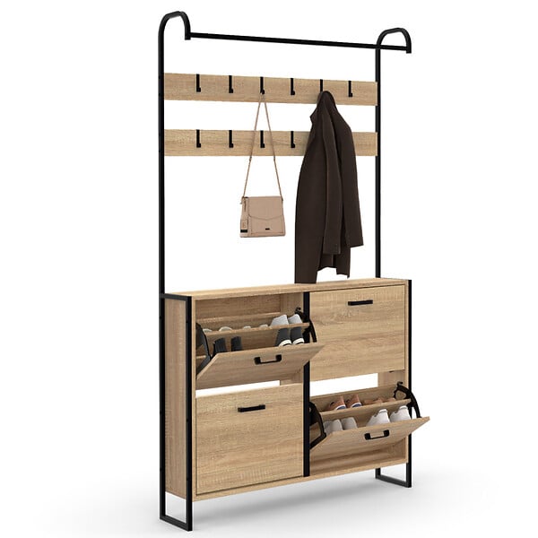 ID MARKET - Vestiaire d'entrée LUIS meuble chaussures 4 portes design industriel - large