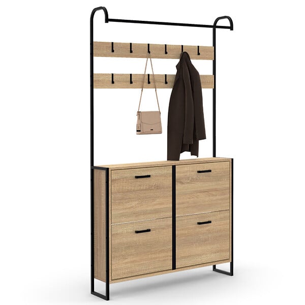ID MARKET - Vestiaire d'entrée LUIS meuble chaussures 4 portes design industriel - large