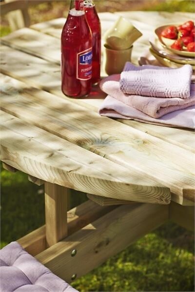 PLUS A/S - Table pique nique bois ronde avec bancs et dossiers 8pers pin naturel - large