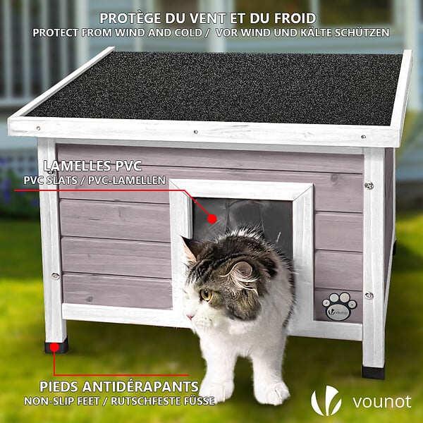 VOUNOT - Maison pour Chat en bois avec toit bitumé autoportant et porte à lamelles PVC Gris - large