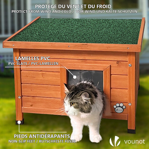 VOUNOT - Maison pour Chat en bois avec toit bitumé autoportant et porte à lamelles PVC - large