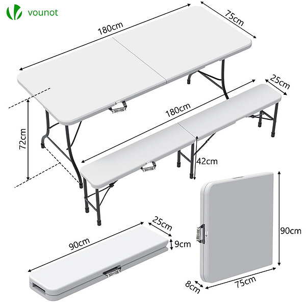 VOUNOT - Ensemble de Table et bancs camping pliables 180cm HDPE blanc - large