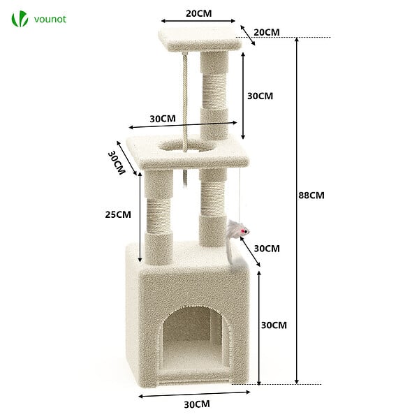 VOUNOT - Arbre à Chat 88cm avec Corde Griffoir Plateforme Niche Beige - large