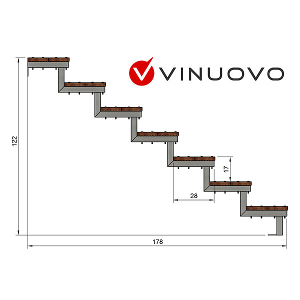 VINUOVO - Escalier en acier BALI, 7 marches en bois exotique Bangkirai, Hauteur 122 cm - L 160 cm - large