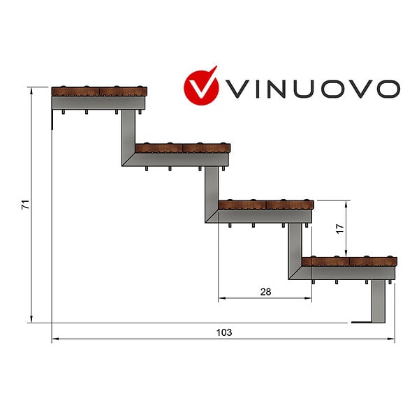VINUOVO - Escalier en acier BALI, 4 marches en bois exotique Bangkirai, Hauteur 71 cm - L 160 cm - large