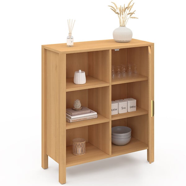 ID MARKET - Buffet d'appoint 3 étagères et placard 70 cm EDHEN bois et cannage - large