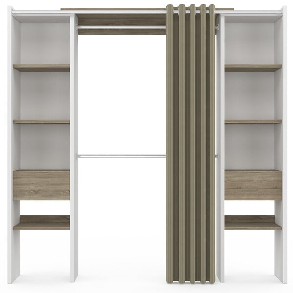 ID MARKET - Dressing extensible double MERYL 120/180 x 50 x 180 cm blanc avec étagères hêtre + double penderie + rideau taupe - large