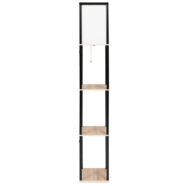 ID MARKET - Lampadaire industriel en bois noir avec étagères en bois clair et abat-jour carré blanc - large