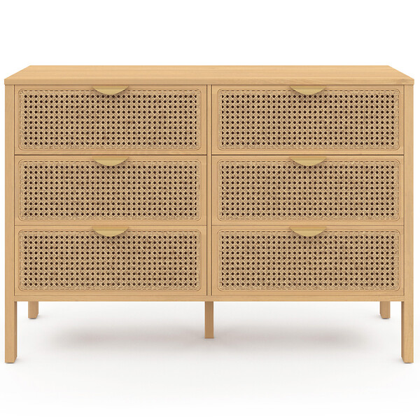 ID MARKET - Commode 6 tiroirs EDHEN 115 cm bois et cannage - large