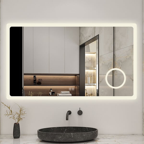 AICA SANITAIRE - Miroir lumineux loupe + bluetooth + tricolore + anti-buée 100x60cm salle de bain dimmable,mémoire,tactile,led - large