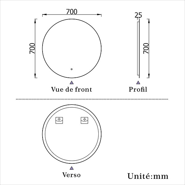 AICA SANITAIRE - AICA 70 cm miroir de salle de bain LED rond avec rétro-éclairage sans cadre, anti-buée + mémoire + dimmable - large