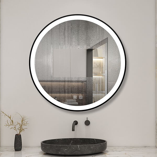 AICA SANITAIRE - AICA 80 cm miroir de salle de bain LED rond avec cadre noir, tricolore + anti-buée + mémoire + gradation infinie - large
