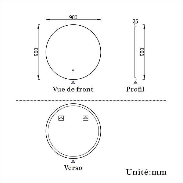 AICA SANITAIRE - AICA 90 cm miroir de salle de bain LED rond avec rétro-éclairage sans cadre, anti-buée + mémoire + dimmable - large