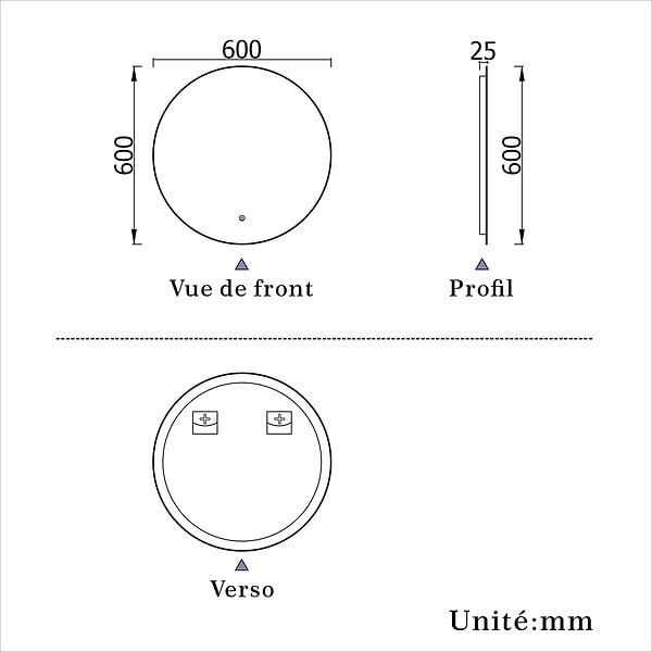AICA SANITAIRE - AICA 60 cm miroir de salle de bain LED rond avec rétro-éclairage sans cadre, anti-buée + mémoire + dimmable - large
