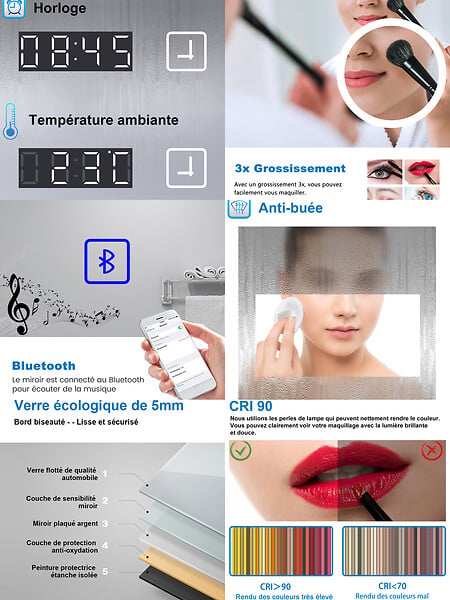 AICA SANITAIRE - Miroir lumineux Horloge + loupe + bluetooth + tricolore + anti-buée 120x70cm salle de bain dimmable,mémoire,tactile,led - large