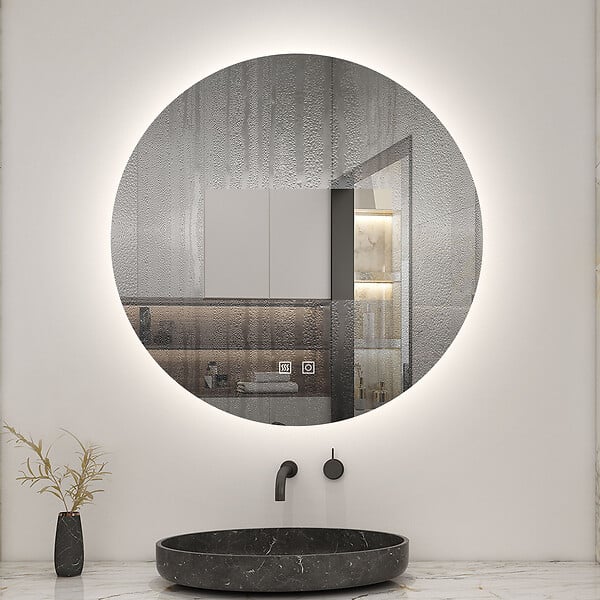 AICA SANITAIRE - AICA Miroir de salle de bain LED rond de 100 cm avec rétro-éclairage sans cadre, tricolore + anti-buée + mémoire + gradation infinie - large