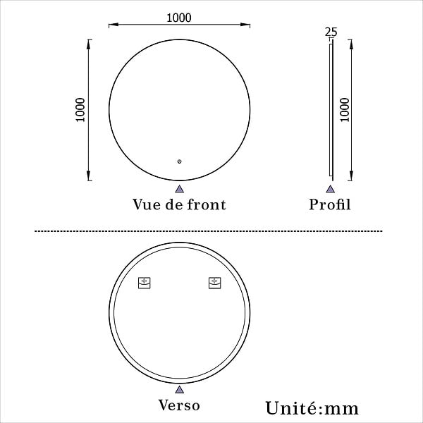 AICA SANITAIRE - AICA Miroir de salle de bain LED rond de 100 cm avec rétro-éclairage sans cadre, tricolore + anti-buée + mémoire + gradation infinie - large