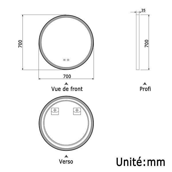 AICA SANITAIRE - AICA 70 cm miroir de salle de bain LED rond avec cadre noir, tricolore + anti-buée + mémoire + gradation infinie - large