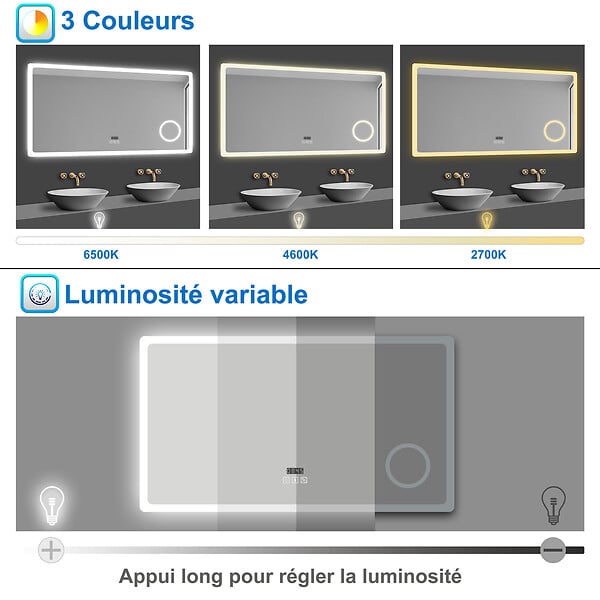 AICA SANITAIRE - Miroir lumineux Horloge + loupe + bluetooth + tricolore + anti-buée 160x80cm salle de bain dimmable,mémoire,tactile,led - large