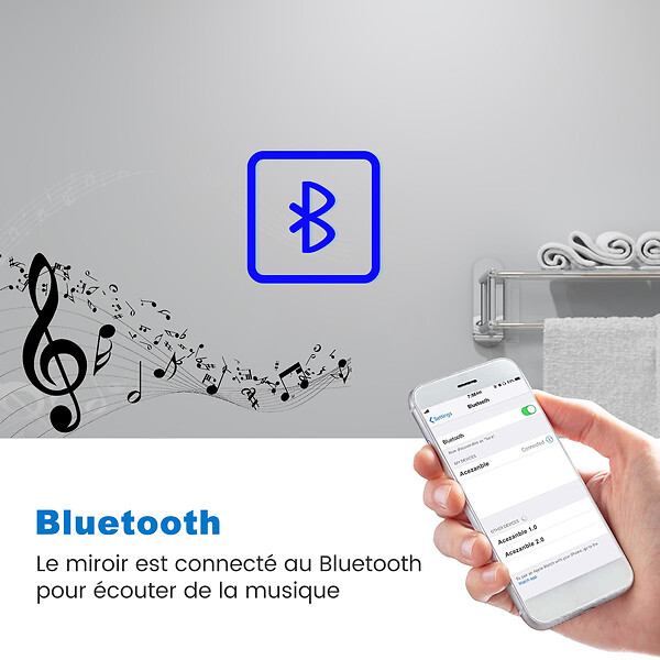 AICA SANITAIRE - Miroir de salle de bain lumineux 100x60cm, Bluetooth + Loupe + Horloge + Anti-buée + Luminosité ajustable Miroir multifonctions - large