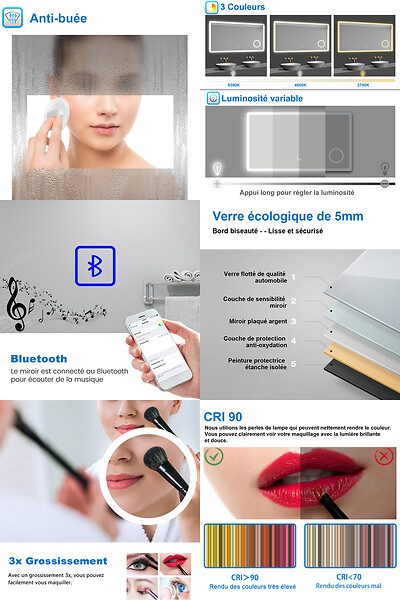 AICA SANITAIRE - Miroir lumineux loupe + bluetooth + tricolore + anti-buée 80x60cm salle de bain dimmable,mémoire,tactile,led - large