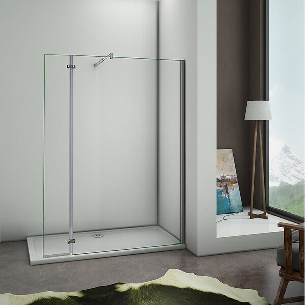 AICA SANITAIRE - Paroi de douche avec retour pivotant 90+40x200cm, charnières, AICA paroi de douche à l'italienne en verre anticalcaire avec barre de fixation cylindrique 70-120cm - large