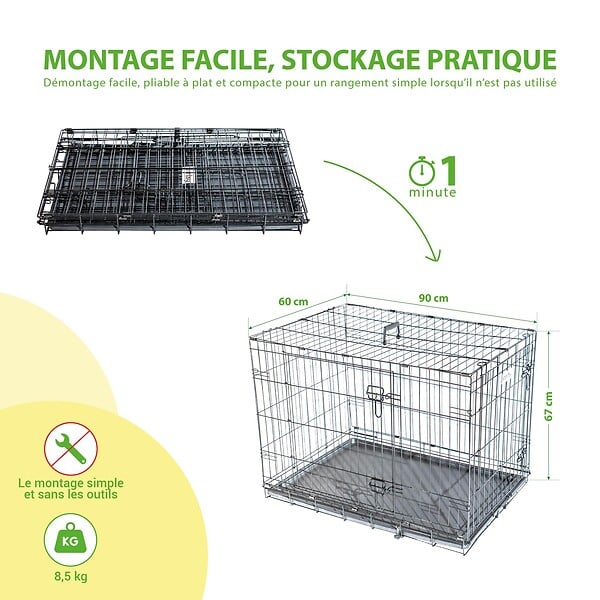 PAITSY - Cage pour chien FortressooL, caisse de transport pour chien moyen 90x60x67cm, pliable, 2 portes, plateau amovible, utilisation interieur, Paitsy - large