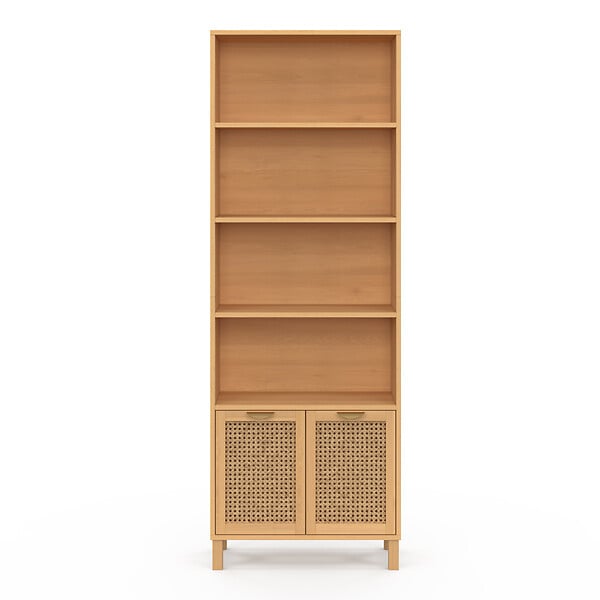 ID MARKET - Etagère bibliothèque 4 niveaux avec placard EDHEN cannage et bois - large